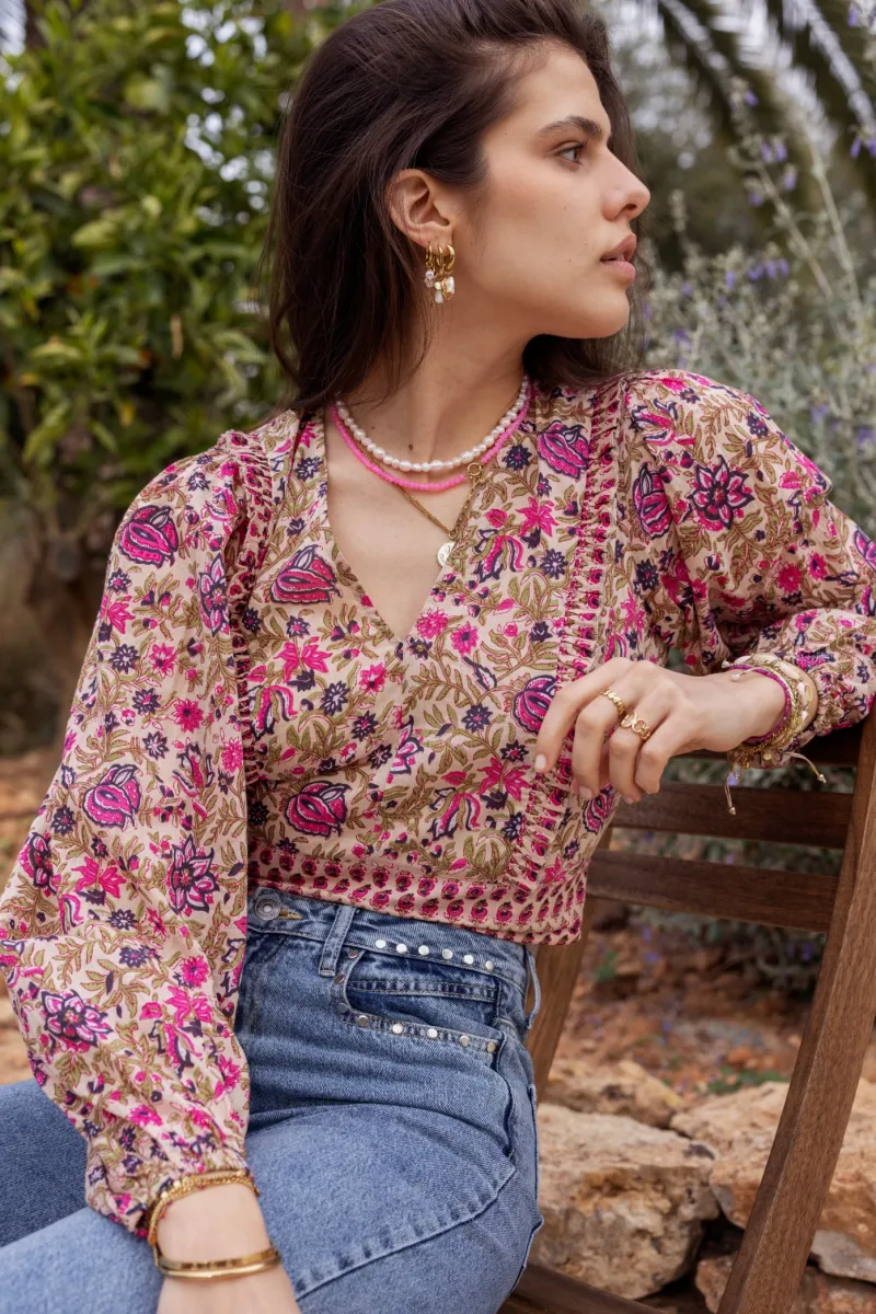 My Jewellery Top Beige à Imprimé Fleuri Vert Et Rose Rose/Beige Fashion