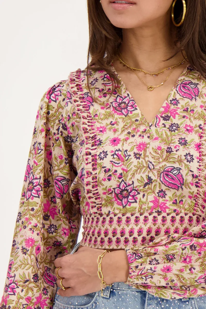 My Jewellery Top Beige à Imprimé Fleuri Vert Et Rose Rose/Beige Fashion