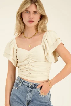 My Jewellery Top Beige Plissé à Manches Bouffantes New