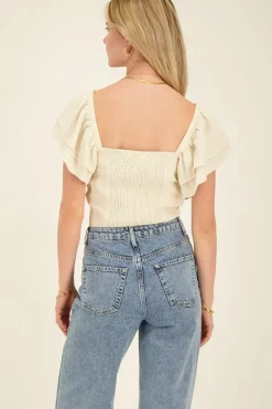 My Jewellery Top Beige Plissé à Manches Bouffantes New