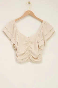 My Jewellery Top Beige Plissé à Manches Bouffantes New