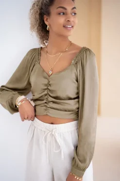 My Jewellery Top Beige Satiné Plissé à Manches Longues Best