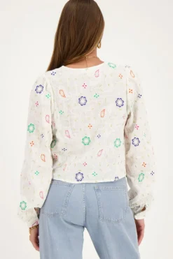 My Jewellery Top Blanc Avec Nœuds Et Broderies Multicolores Sale