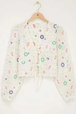 My Jewellery Top Blanc Avec Nœuds Et Broderies Multicolores Sale