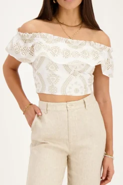 My Jewellery Top Cropped Beige Avec Broderie Contrastée Blanc/Beige Clearance