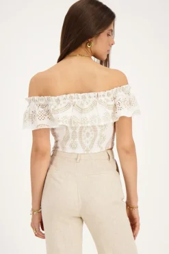 My Jewellery Top Cropped Beige Avec Broderie Contrastée Blanc/Beige Clearance