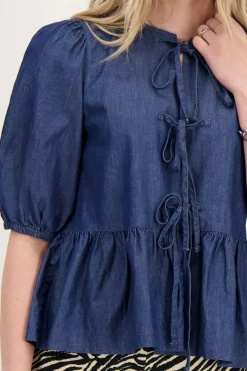 My Jewellery Top En Denim Bleu Avec Nœuds Et Manches Bouffantes Online