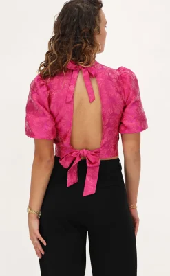 My Jewellery Top En Jacquard Rose Avec Dos Ouvert Et Manches Bouffantes Outlet