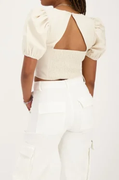 My Jewellery Top En Lin Beige Avec Manches Bouffantes Outlet