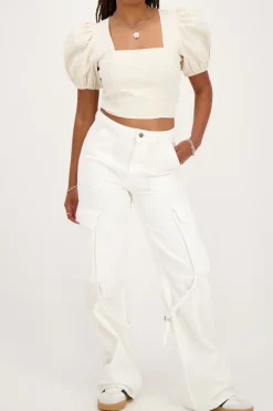 My Jewellery Top En Lin Beige Avec Manches Bouffantes Outlet