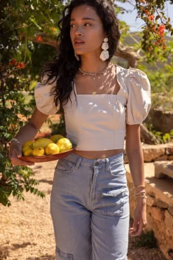 My Jewellery Top En Lin Beige Avec Manches Bouffantes Outlet