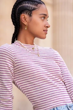 My Jewellery Top Marinière Blanc & Violet à Col Montant Discount