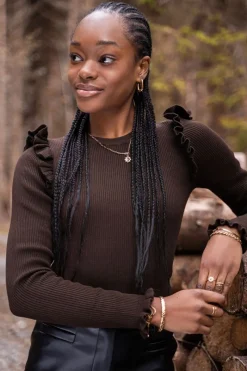 My Jewellery Top Marron Côtelé Avec épaules à Froufrous Discount