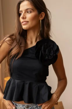 My Jewellery Top Noir Asymétrique Avec Une Grande Fleur Outlet
