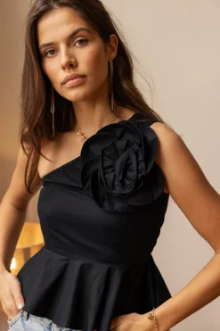 My Jewellery Top Noir Asymétrique Avec Une Grande Fleur Outlet