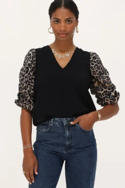 My Jewellery Top Noir Avec Manches Imprimées Léopard Hot