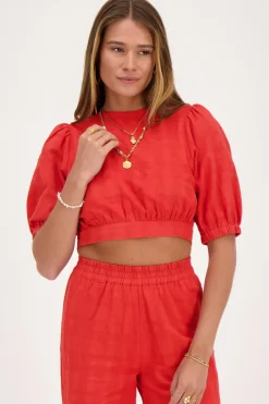 My Jewellery Top Rouge à Manches Bouffantes Et Dos Ouvert Discount
