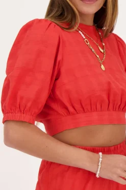 My Jewellery Top Rouge à Manches Bouffantes Et Dos Ouvert Discount
