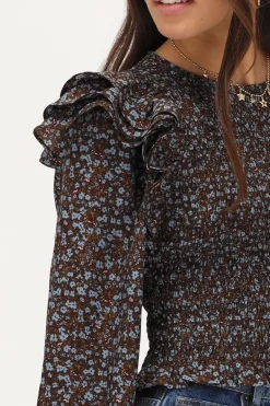 My Jewellery Top Smocké Marron Avec Imprimé Floral Bleu Outlet