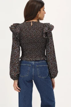 My Jewellery Top Smocké Marron Avec Imprimé Floral Bleu Outlet