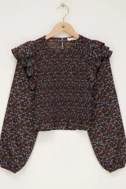 My Jewellery Top Smocké Marron Avec Imprimé Floral Bleu Outlet