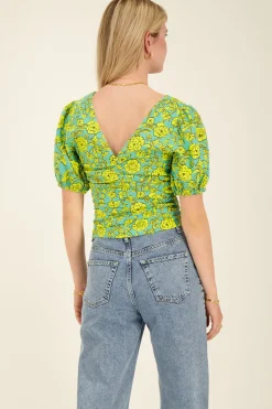 My Jewellery Top Vert Fleuri à Manches Bouffantes New