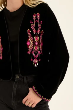 My Jewellery Veste En Velours Noir Avec Broderie Rose Best