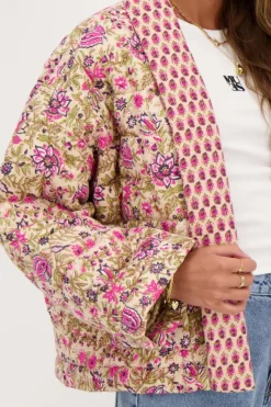 My Jewellery Veste Kimono Beige à Imprimé Fleuri Vert Et Rose Best