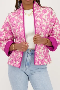 My Jewellery Veste Kimono Beige à Imprimé Fleuri Rose Et Violet Hot