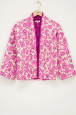 My Jewellery Veste Kimono Beige à Imprimé Fleuri Rose Et Violet Hot