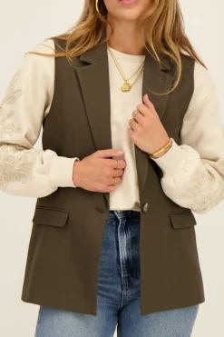 My Jewellery Veste Longue Sans Manches Vert Foncé Avec Poches Best