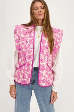 My Jewellery Veste Sans Manches Matelassée Beige Avec Imprimé Fleuri Rose Et Violet Clearance