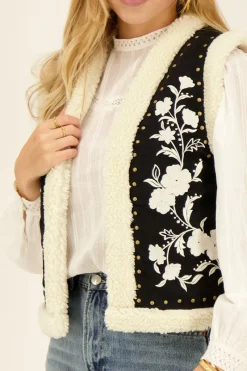 My Jewellery Veste Sans Manches Noire En Teddy Et Broderies Blanches Noir et blanc Clearance