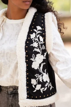 My Jewellery Veste Sans Manches Noire En Teddy Et Broderies Blanches Noir et blanc Clearance