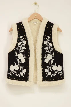 My Jewellery Veste Sans Manches Noire En Teddy Et Broderies Blanches Noir et blanc Clearance