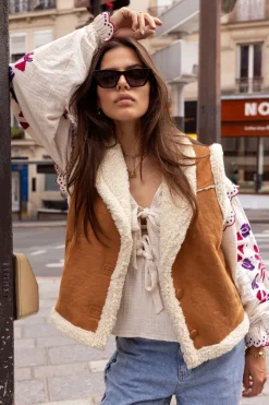 My Jewellery Veste Sans Manches Teddy En Daim Cognac Fashion