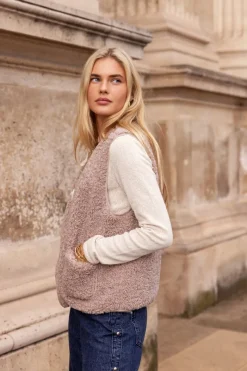 My Jewellery Veste Sans Manches Teddy Beige Avec Bouton Best