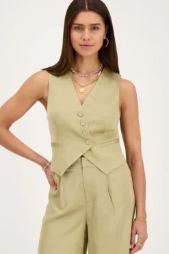 My Jewellery Veste Sans Manches Verte Olive Aspect Satiné New