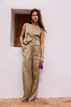 My Jewellery Veste Sans Manches Verte Olive Aspect Satiné New
